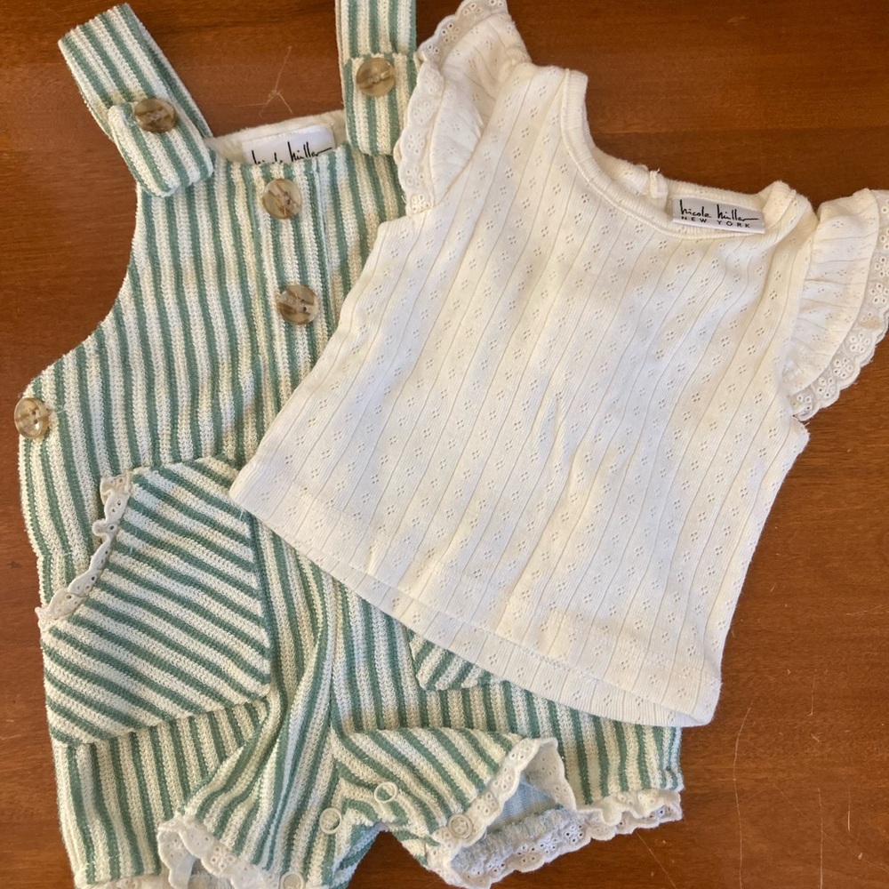 Nicole Miller Striped Green Overalls and White Lace Top Set size 0-3 months EUC